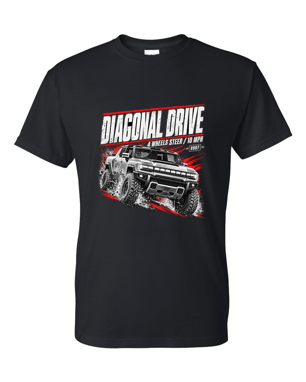 GMC Hummer EV pickup moving diagonally in a race poster design black t-shirt front view with the design
