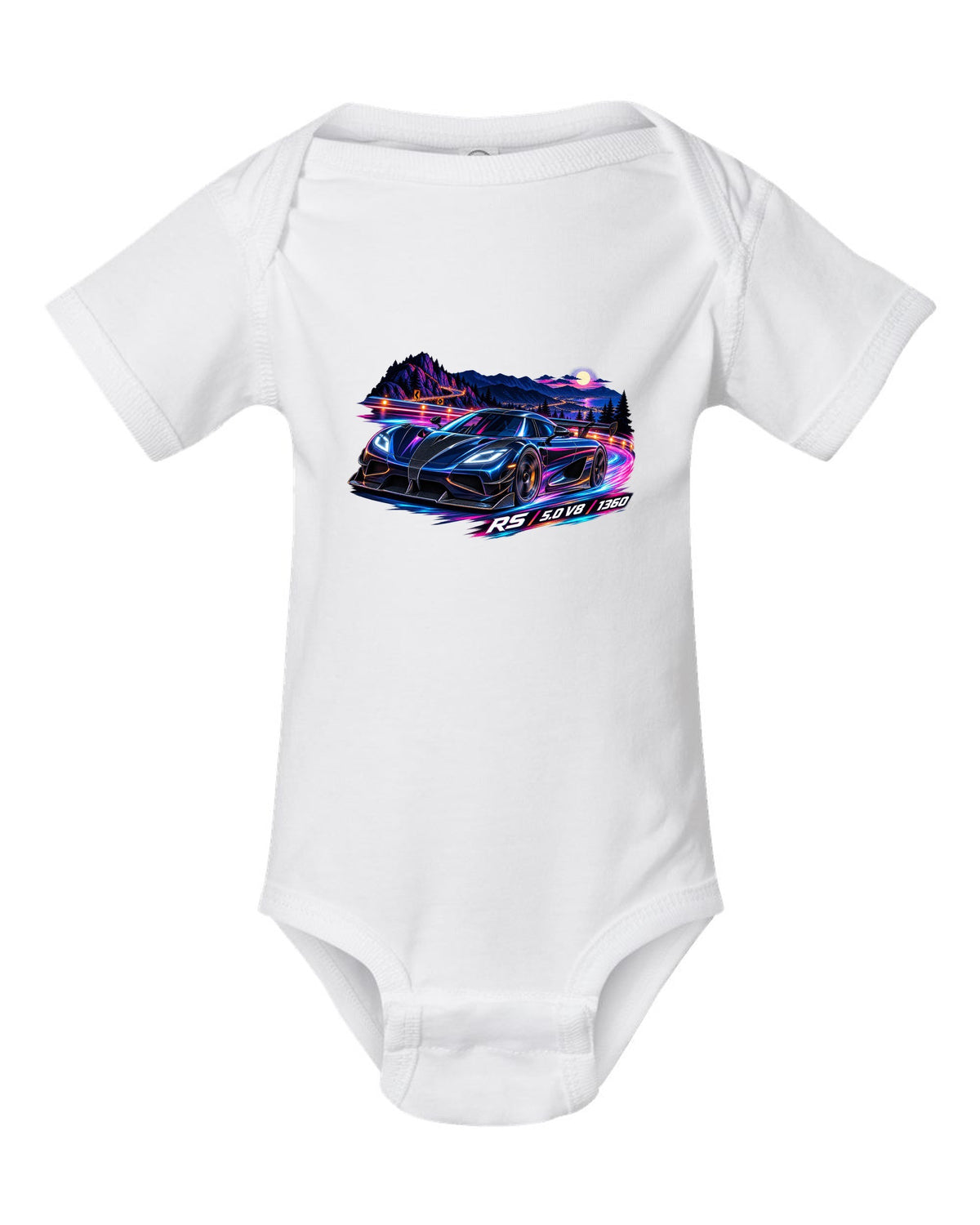 Cel-shaded anime night mountain pass illustration of a Koenigsegg Agera RS with RS 5.0 V8 1360 lettering white baby onesie front view with the design