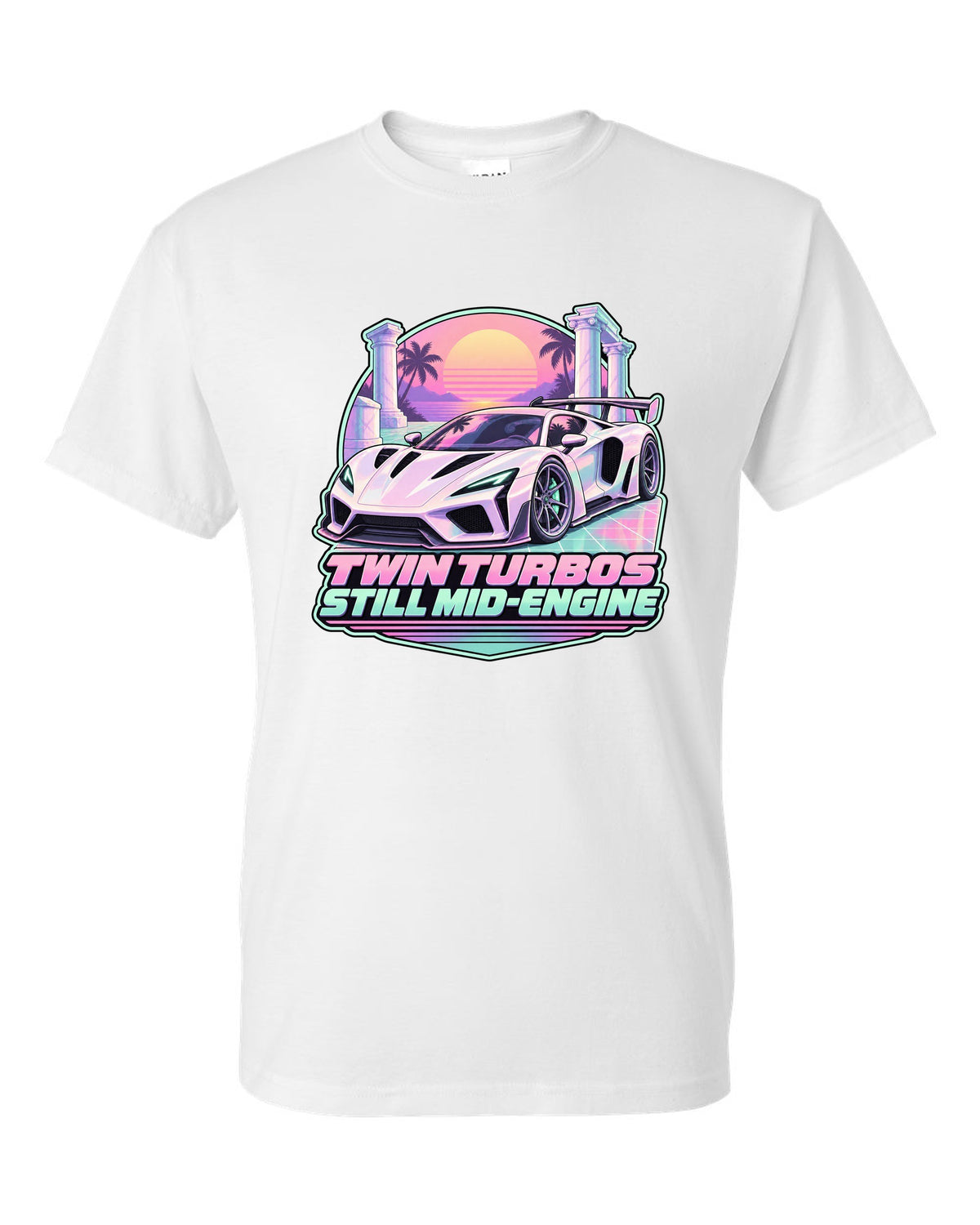 Badge crest design of a 2023 C8 Corvette Z06 with wide rear haunches white t-shirt front view with the design