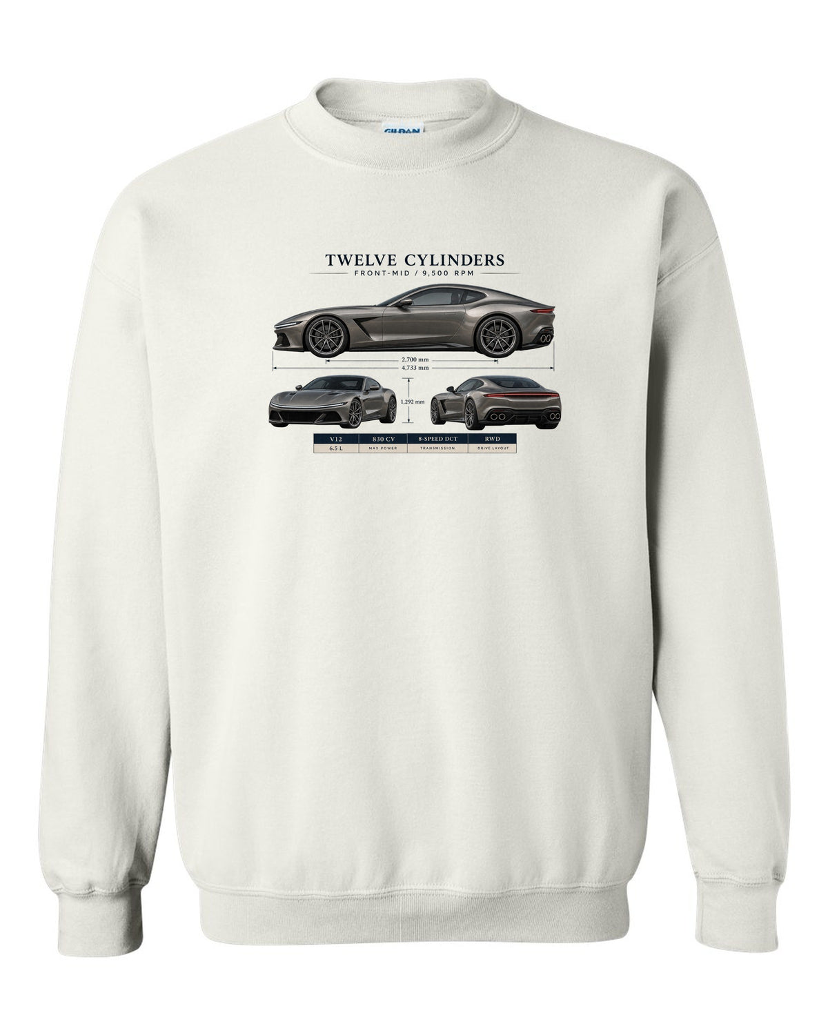 Three-view spec sheet print of the Ferrari 12Cilindri on a tee white crewneck front view with the design