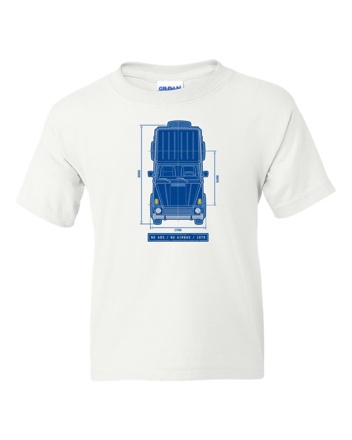 Neon synthwave taillights graphic of a Mercedes G63 W464 with exhaust exits text, print white kids tee front view with the design