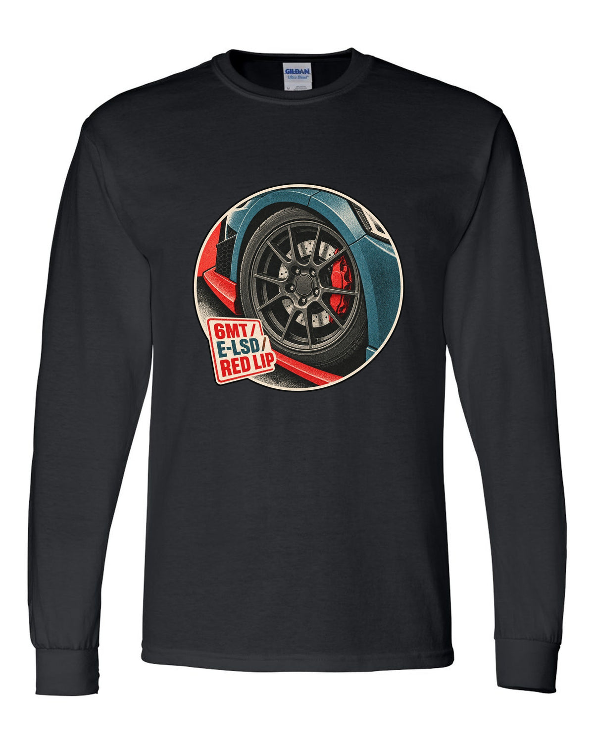 Risograph duotone print of a Hyundai Veloster N JS wheel and red front lip with 6MT E-LSD text black long sleeve front view with the design