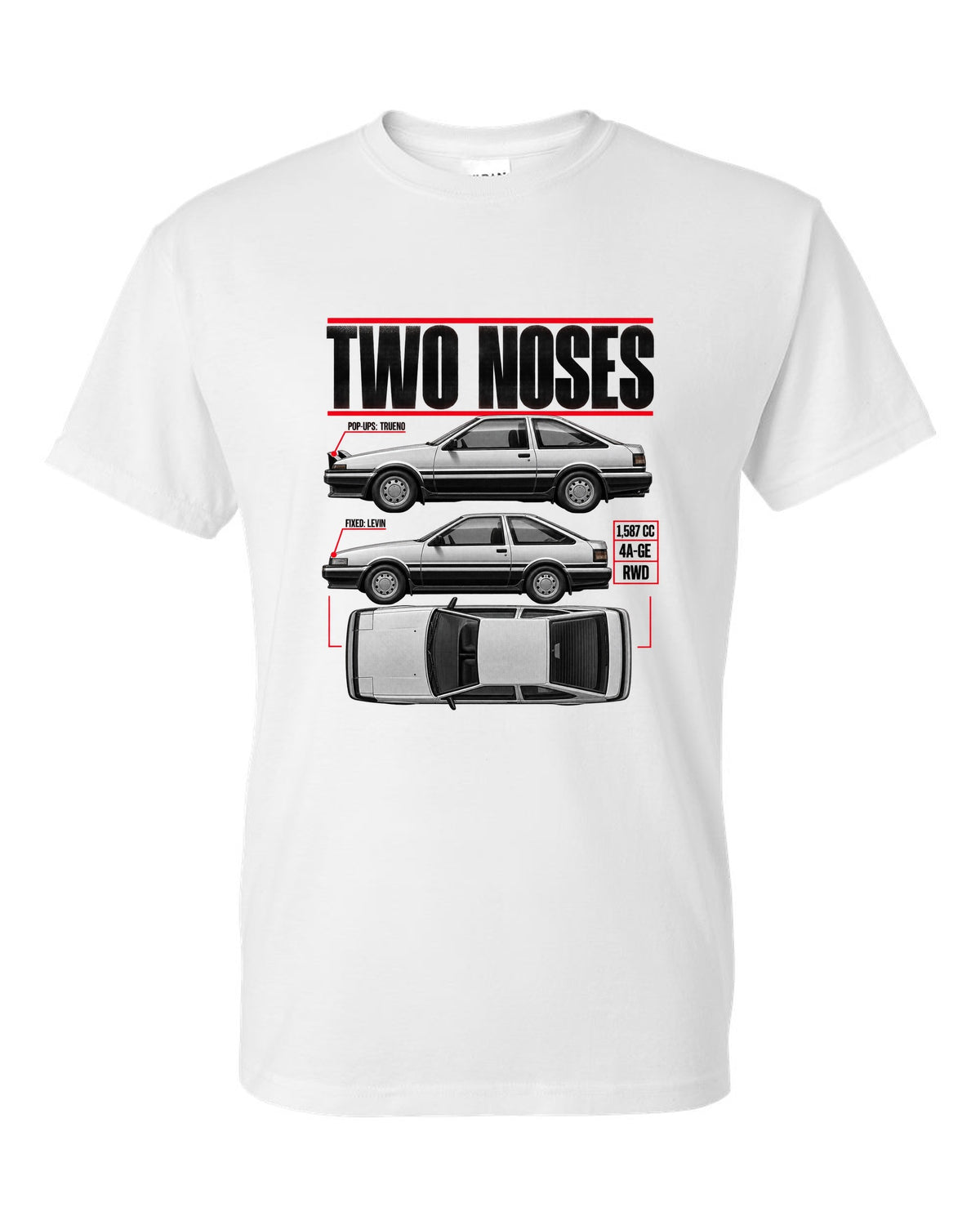 print spec poster of a Toyota AE86 Trueno and Levin in profile with pop-up and fixed headlights white t-shirt front view with the design
