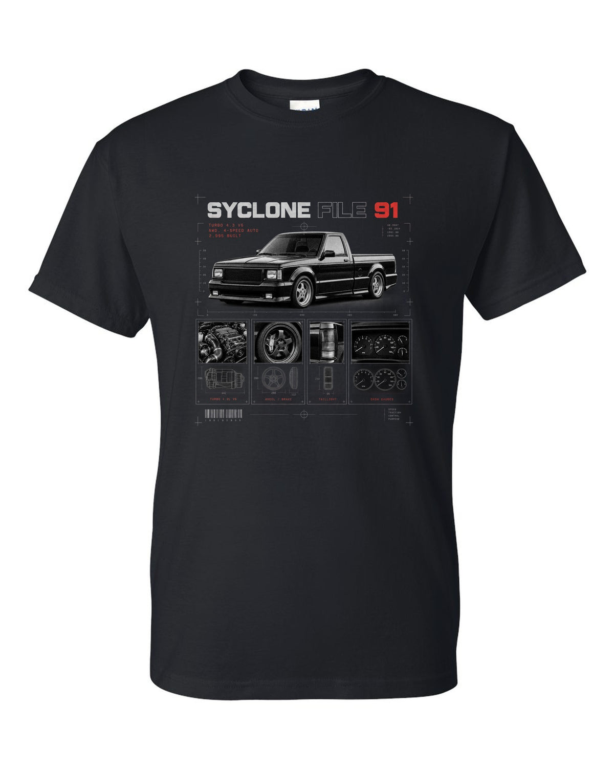 Dossier panel print of a 1991 GMC Syclone with turbo 4.3 V6 and 2,995 built text black t-shirt front view with the design