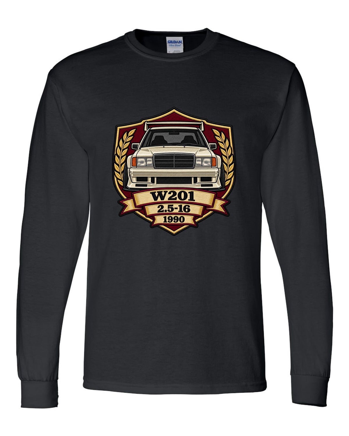 Embroidery-style shield crest print of a Mercedes-Benz 190E Evo II W201, 2.5-16, 1990 black long sleeve front view with the design