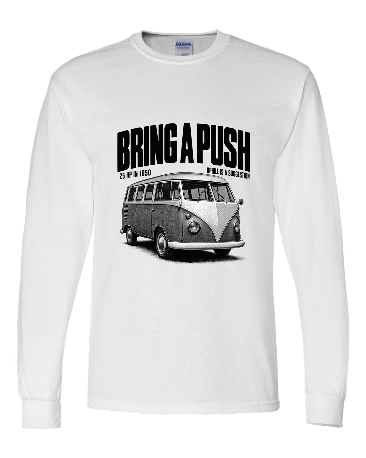 Halftone print of a VW T1 split-window microbus with bring a push text white long sleeve front view with the design
