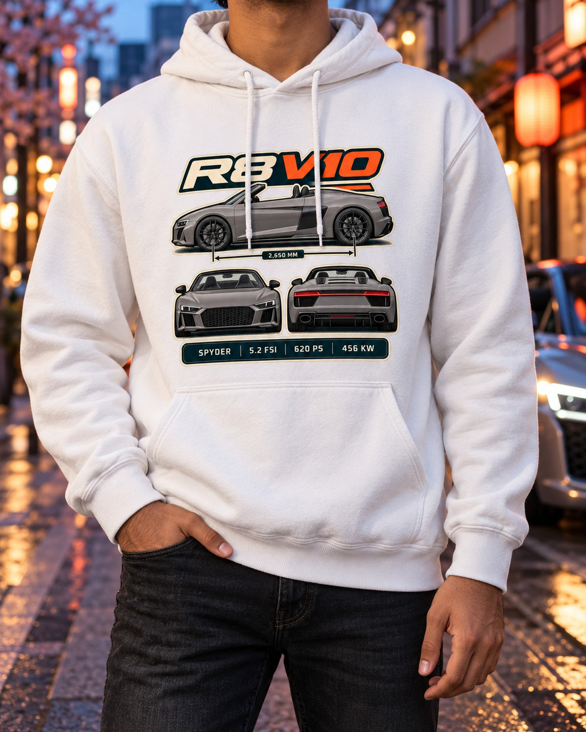 Audi R8 Spyder V10 Performance Three-View Spec Table Shirt Pull Over Hoodie White worn hero
