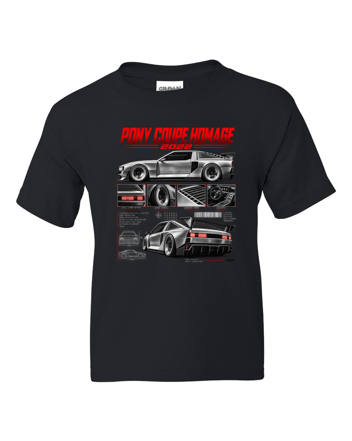 Hyundai N Vision 74 Dossier black kids tee front view with the design