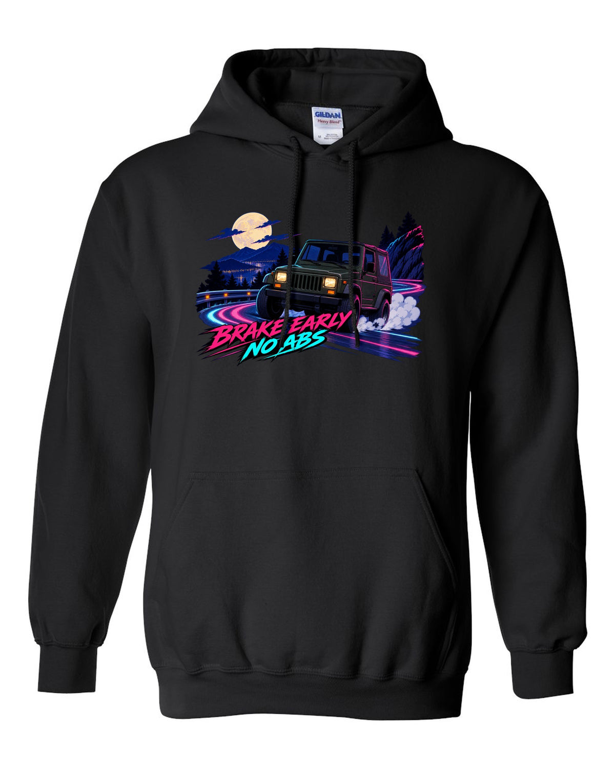 Cel-shaded anime night touge print of a Jeep Wrangler YJ with no ABS text black pull over hoodie front view with the design