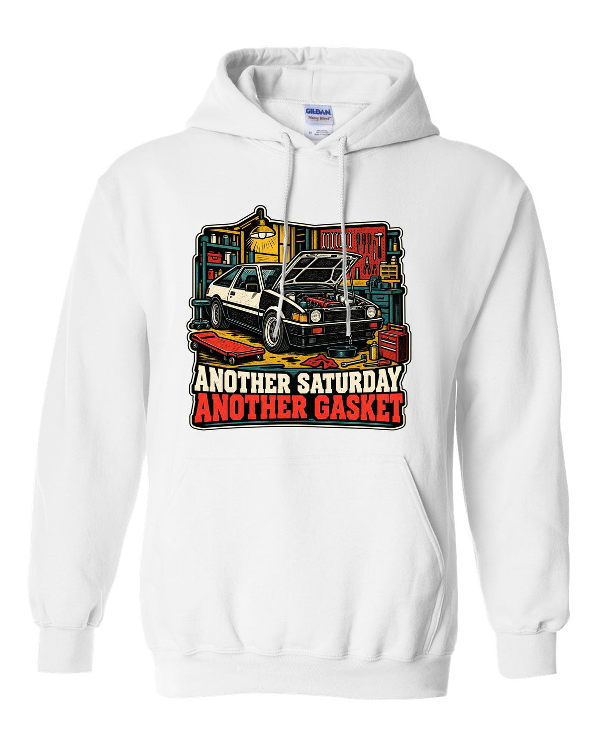 Linocut woodcut-style Toyota Corolla Levin AE86 with garage Saturday slogan white pull over hoodie front view with the design