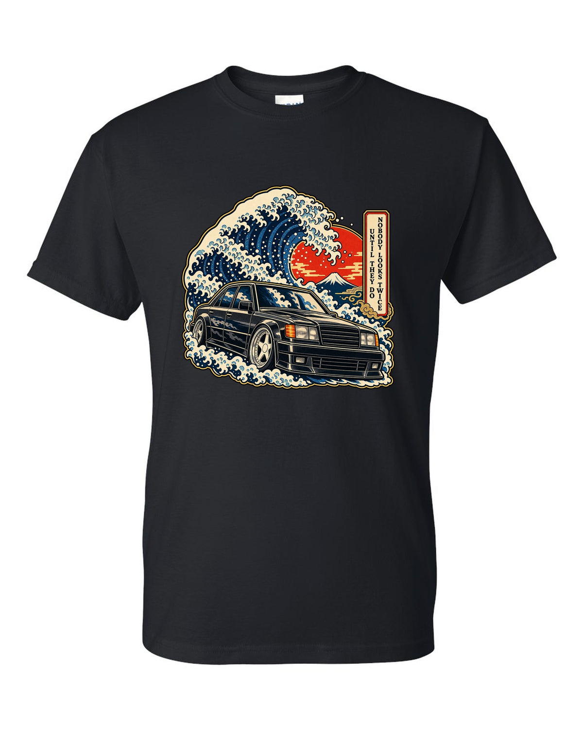Ukiyo-e woodblock wave over a Mercedes 300E Hammer W124 with caption text black t-shirt front view with the design