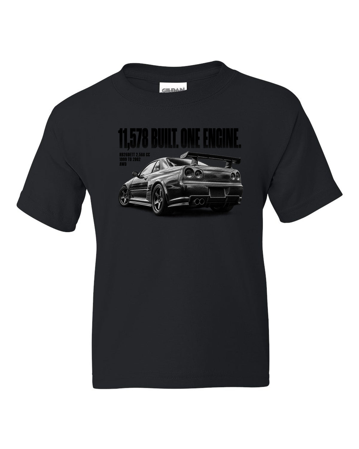 Halftone rear three-quarter view of a Nissan Skyline GT-R R34 with 11,578 built lettering black kids tee front view with the design