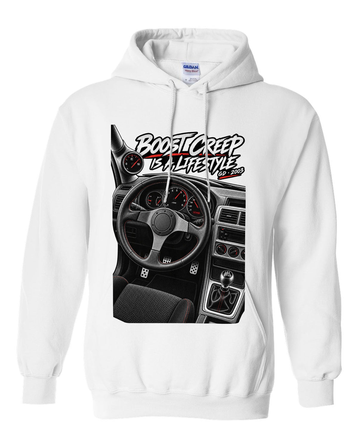 Boost gauge cockpit print for a Subaru Impreza WRX GD Blobeye with boost creep text white pull over hoodie front view with the design