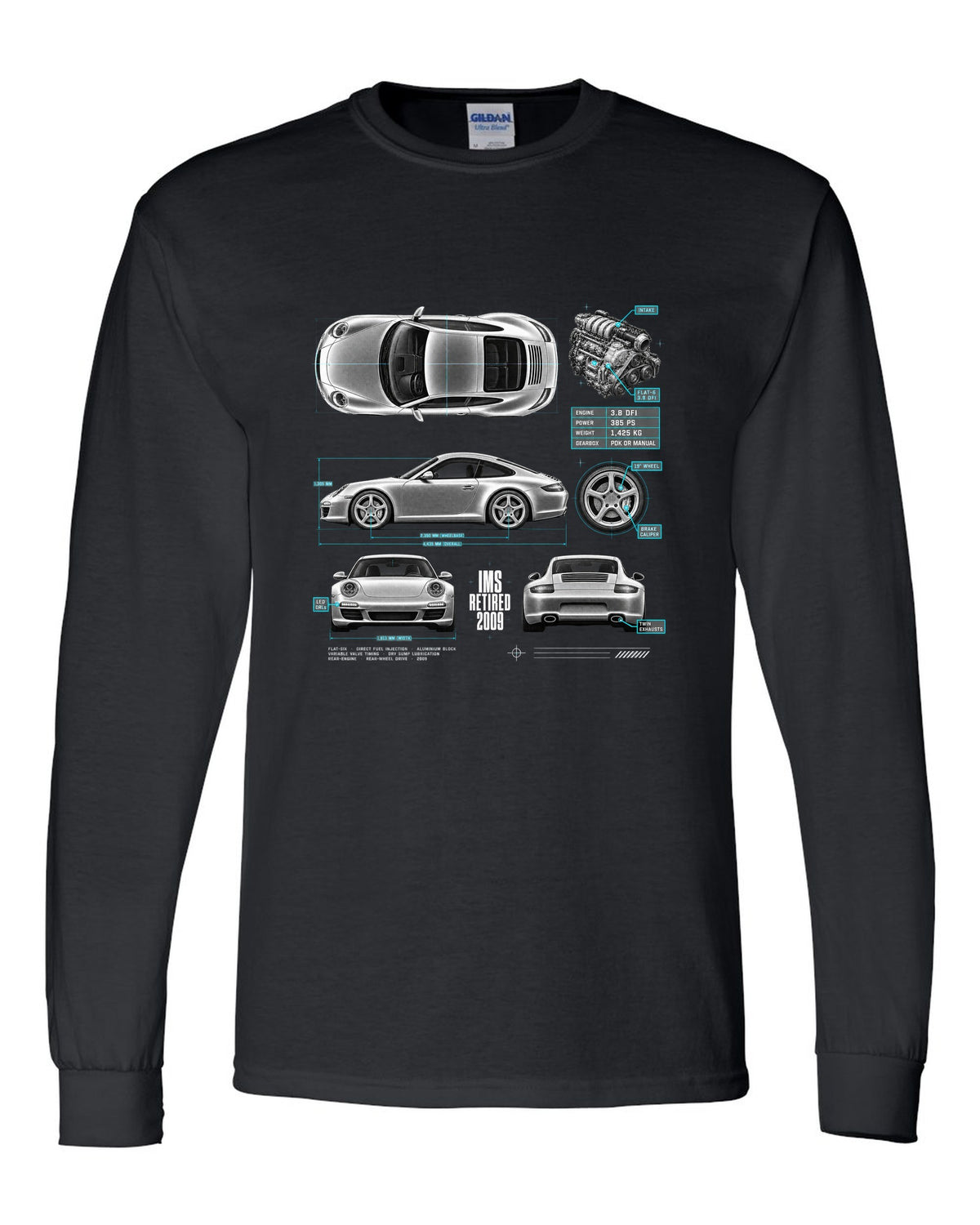 Spec poster print of a Porsche 911 Carrera S (997.2) with the headline IMS Retired 2009 black long sleeve front view with the design