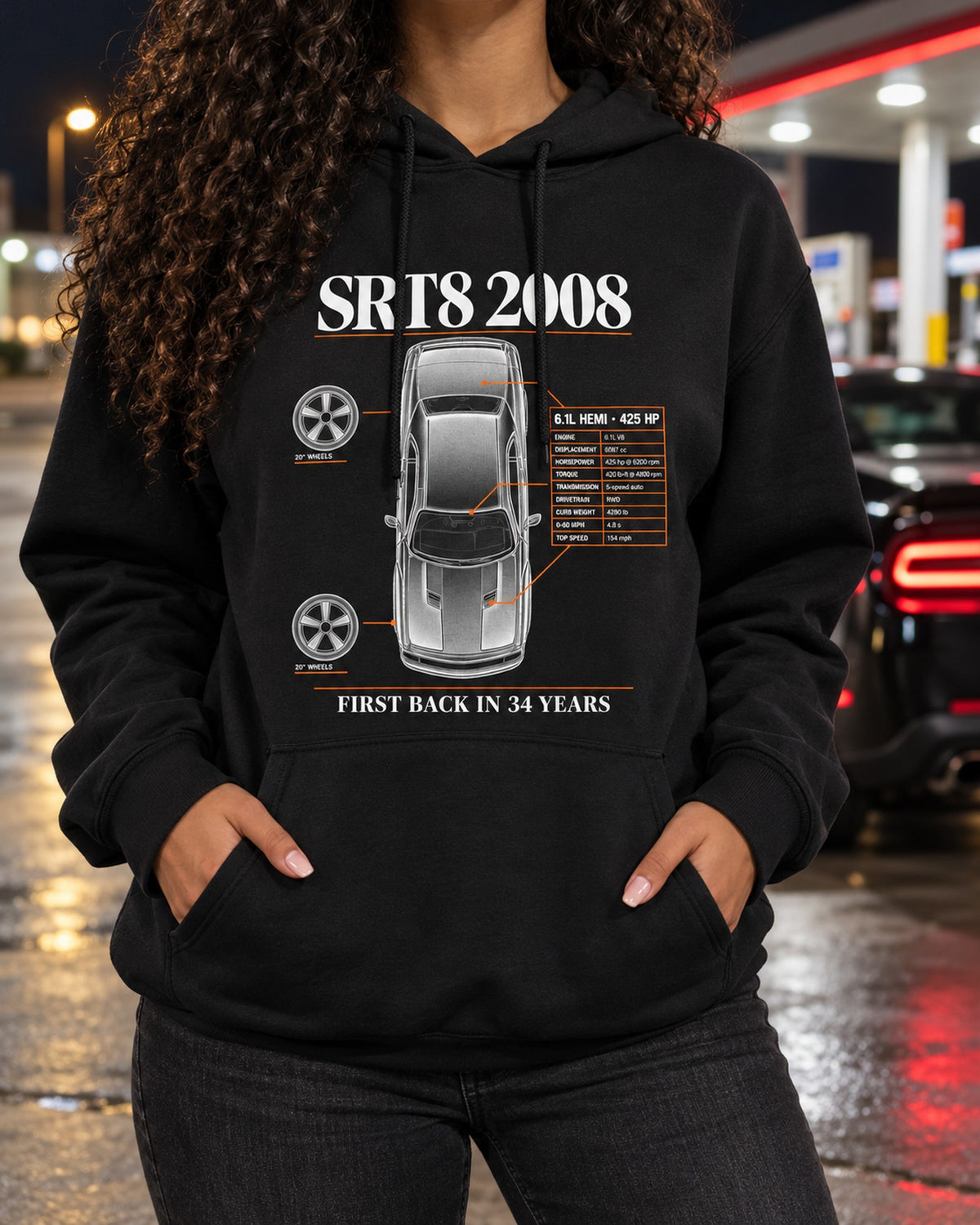 2008 Challenger SRT8 6.1 Hemi Spec Poster Tee, 425 HP Pull Over Hoodie Black worn hero