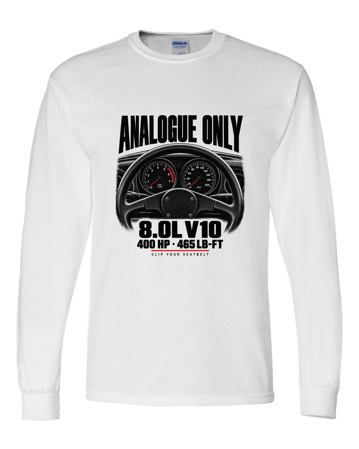 Cockpit gauge print of a 1994 Dodge Viper RT/10 SR I with analogue only and 8.0L V10 text white long sleeve front view with the design