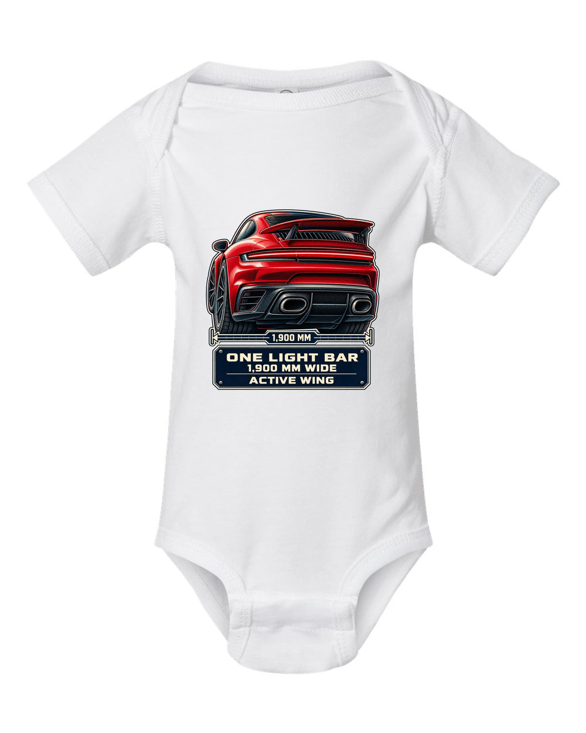 Taillight macro print of a Porsche 992 Turbo S with light bar and wing white baby onesie front view with the design