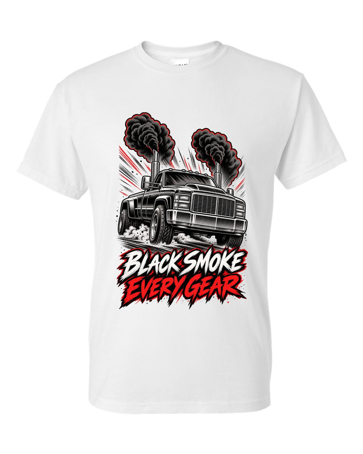 Retro manga halftone panel print of a 1994-1998 Dodge Ram 2500 12V Cummins with black smoke white t-shirt front view with the design
