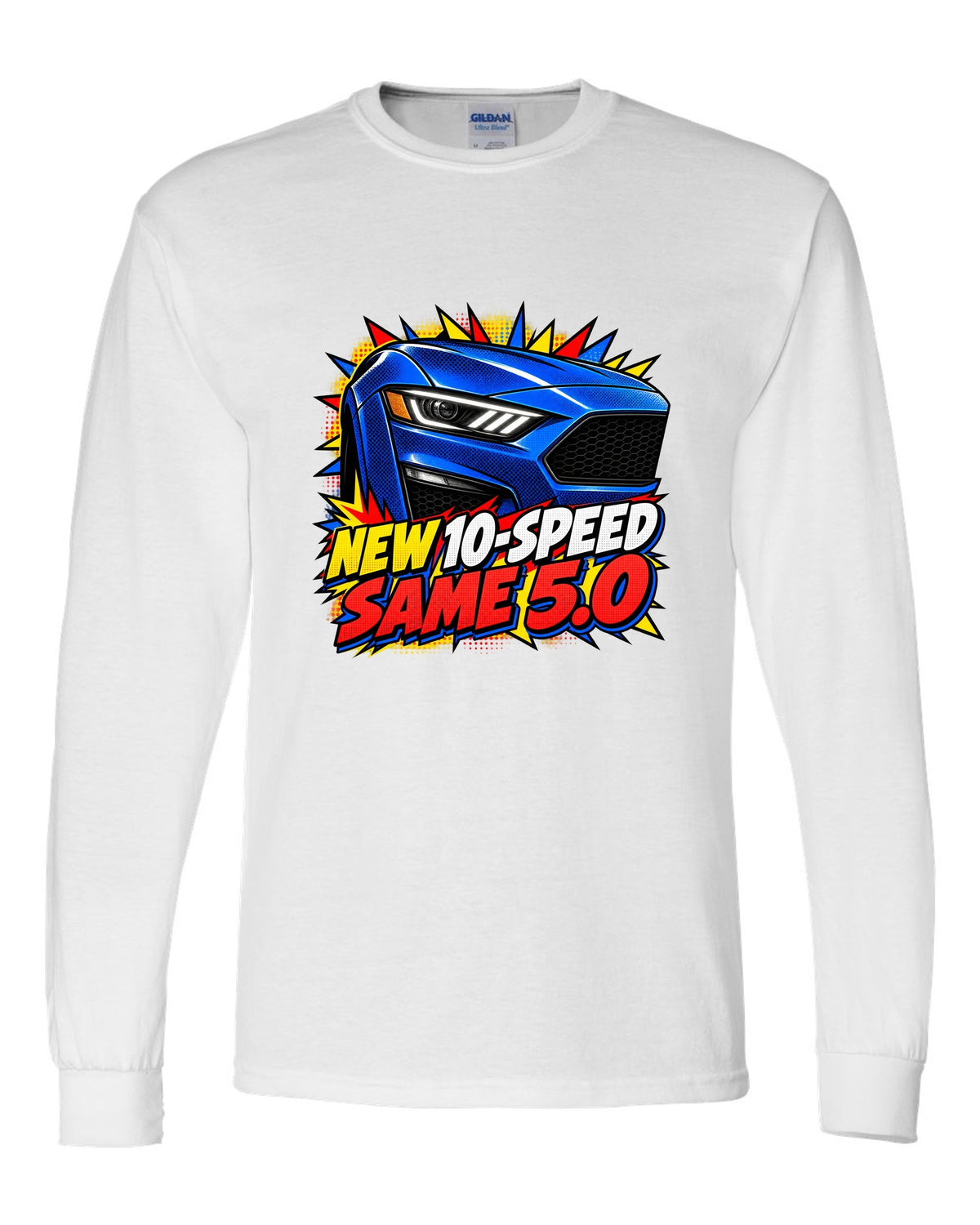 Comic halftone pop-art print of a 2018-23 Ford Mustang S550 GT front end white long sleeve front view with the design