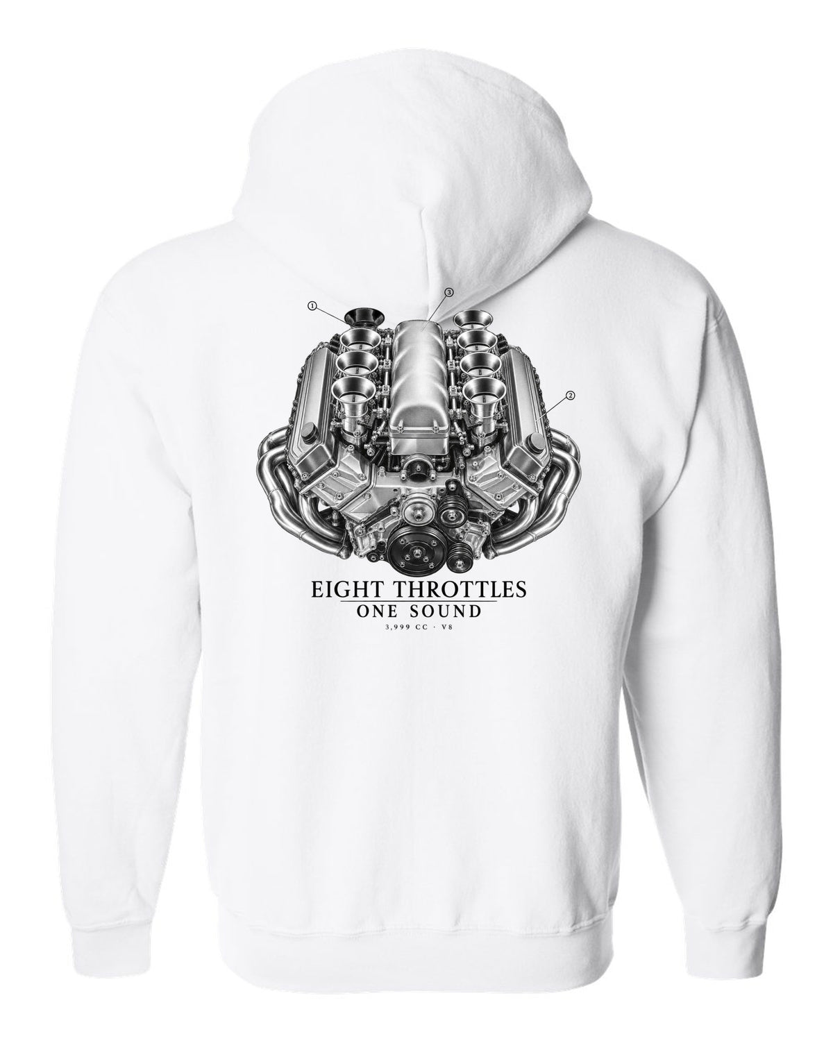 BMW E92 M3 S65 V8 engine illustration print with eight throttles lettering white zip hoodie back view with the design