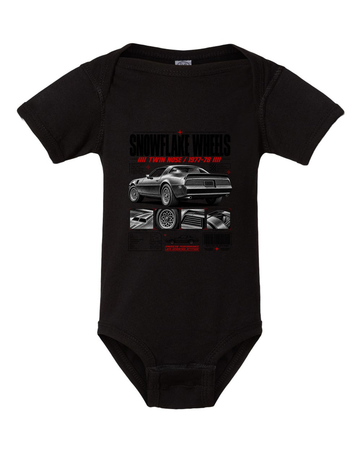 print dossier panels of a 1978 Pontiac Firebird Formula with snowflake wheels black baby onesie front view with the design