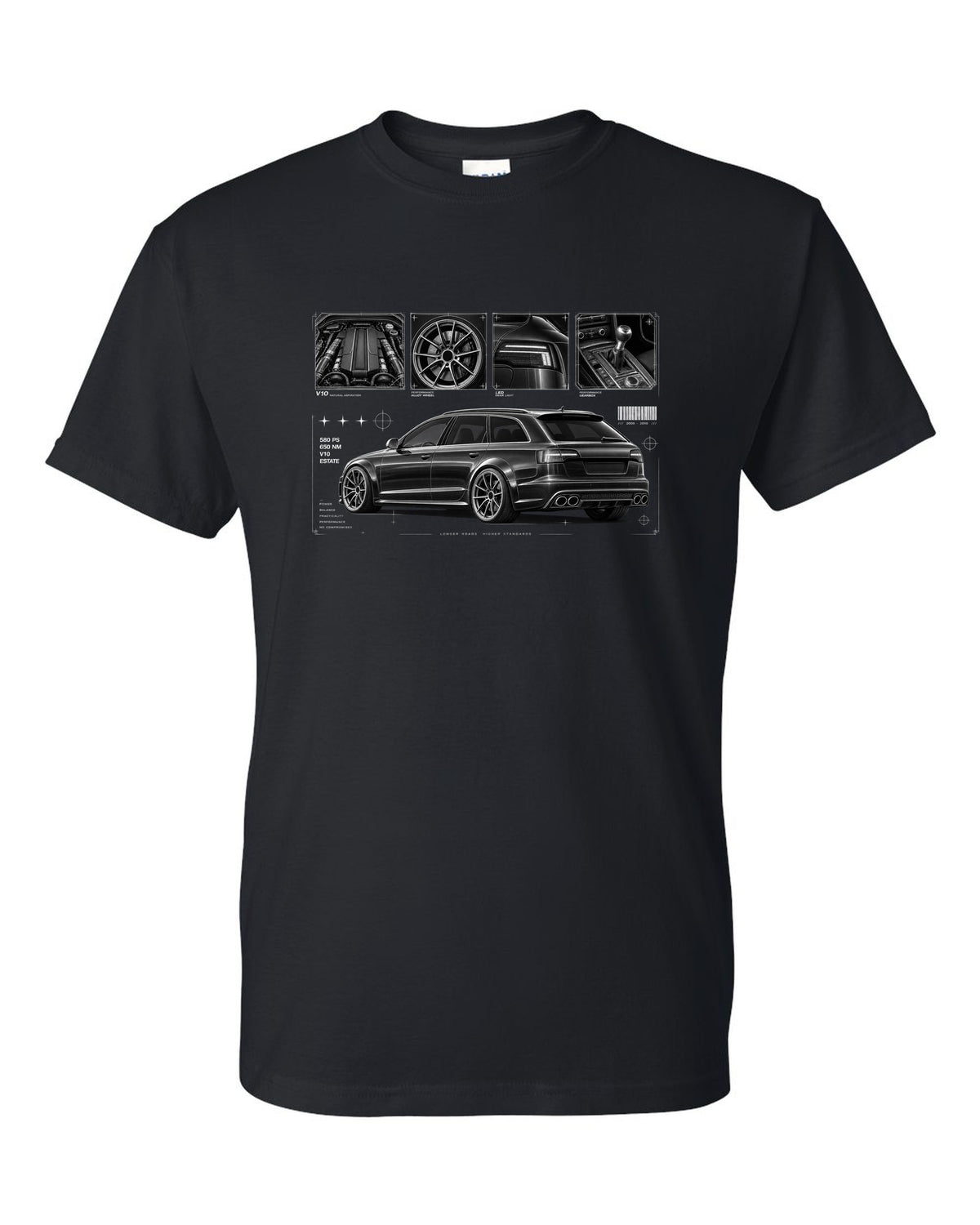 Audi RS6 Avant C6 4F Dossier Panels black t-shirt front view with the design