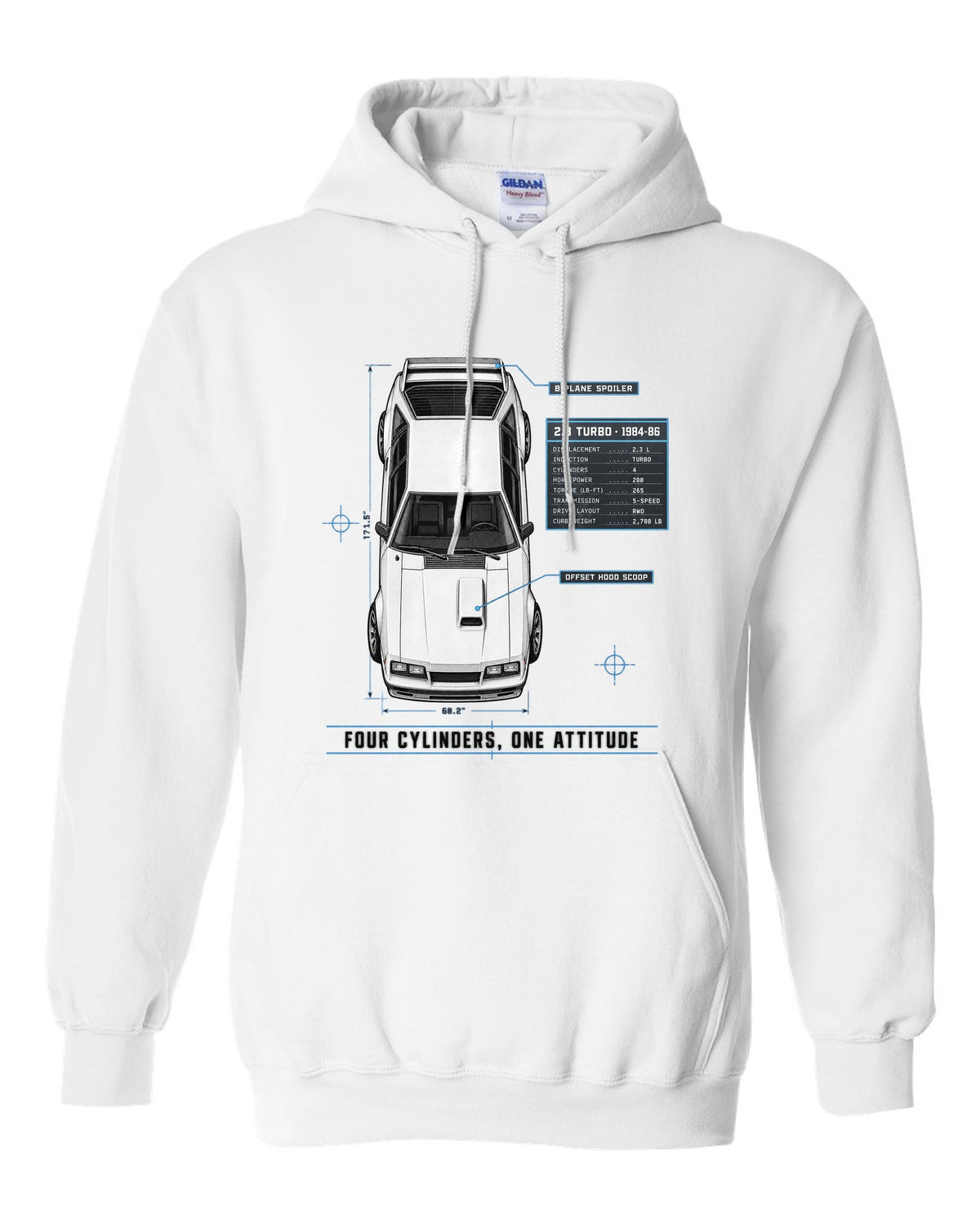 Spec poster print of a 1984-86 Fox Body Mustang 2.3 turbo chback white pull over hoodie front view with the design