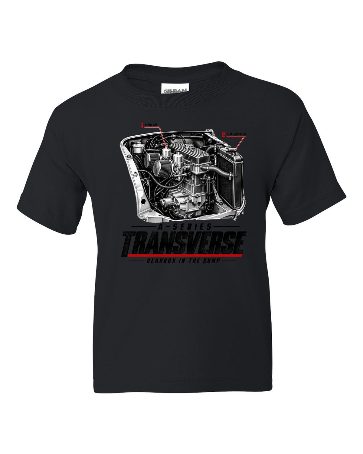 print of a Classic Mini Cooper S 1275 engine bay with the transverse A-series engine black kids tee front view with the design