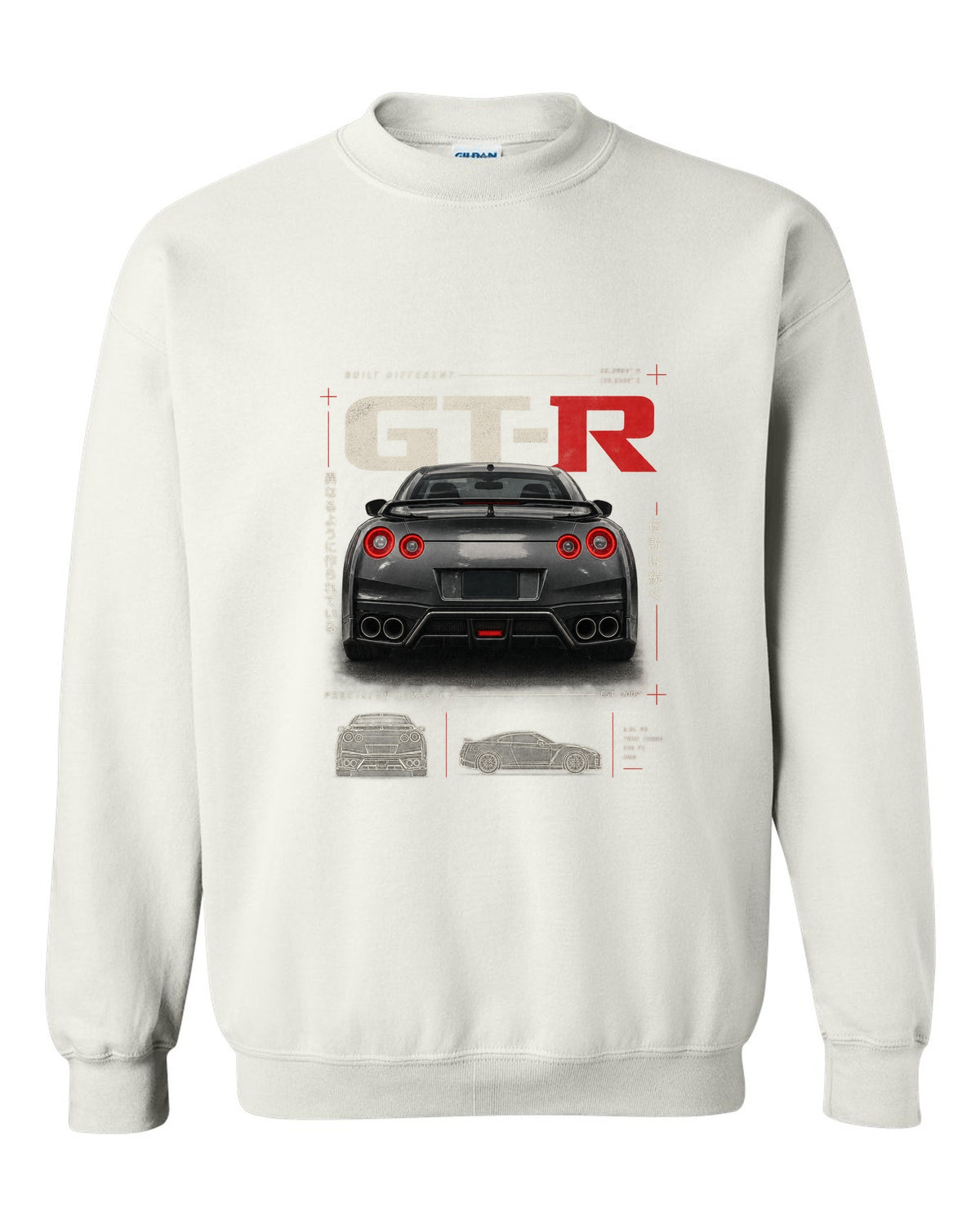 Toyota GR Supra A90 dimension blueprint in warm graphite grey with B58 spec callouts white crewneck front view with the design