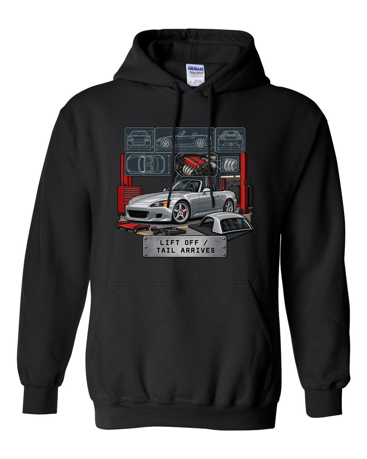 Spec sheet data plate print of a 1999 Honda S2000 AP1 roadster with lift off tail arrives text black pull over hoodie front view with the design