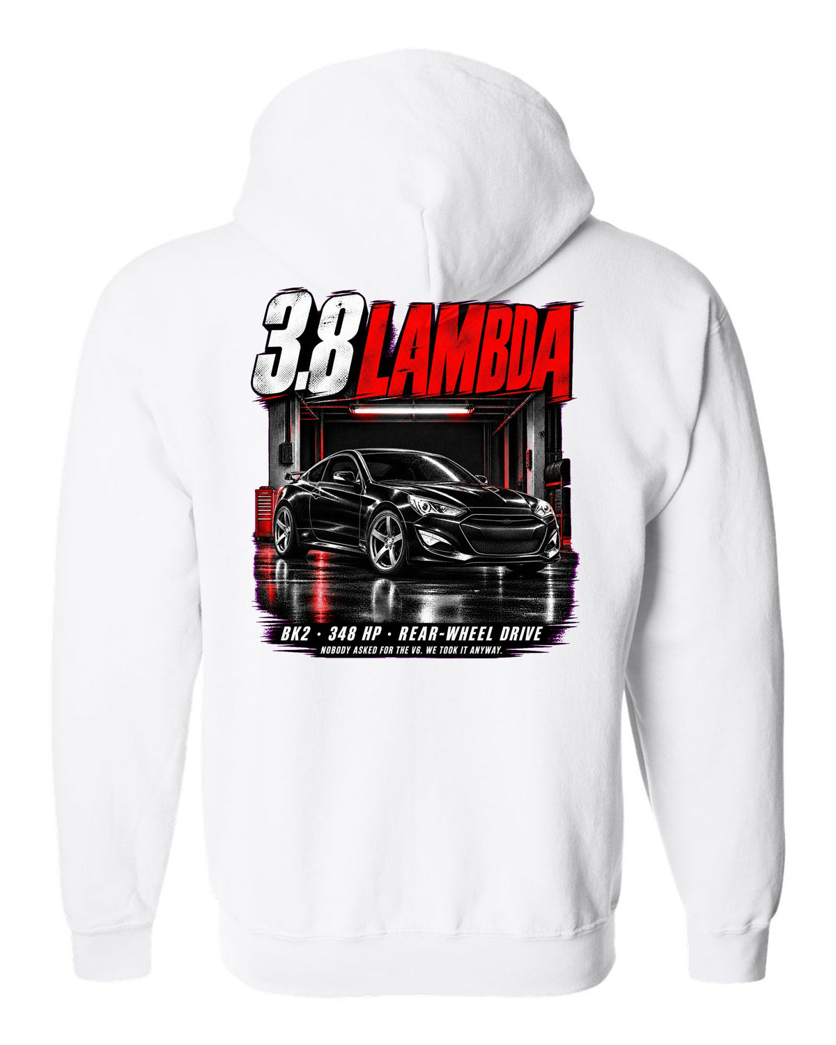 Hyundai Genesis Coupe BK2 3.8 Track in a garage at night with spec text white zip hoodie back view with the design