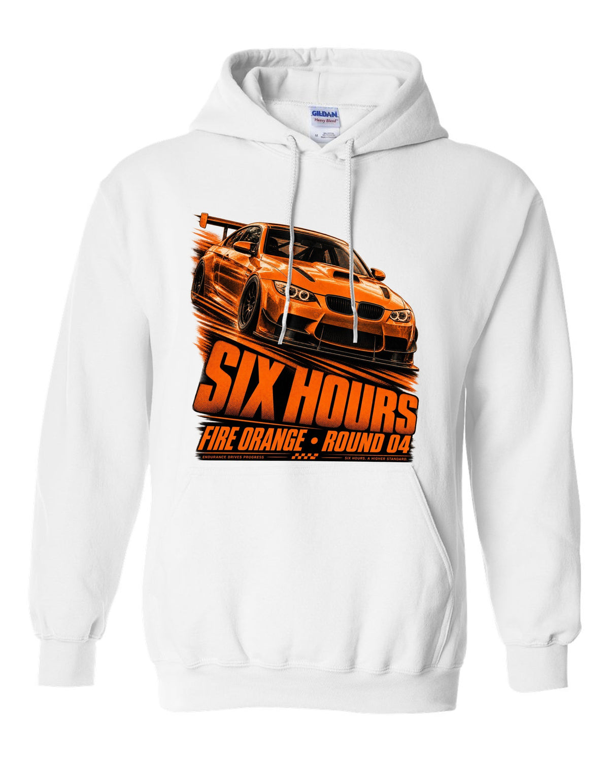 BMW E92 M3 GTS race poster print with Fire Orange round four lettering white pull over hoodie front view with the design