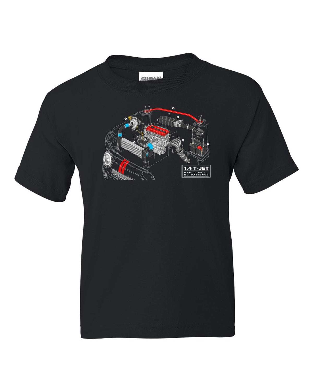 Exploded cutaway engine blueprint of the Abarth 695 1.4 T-Jet black kids tee front view with the design