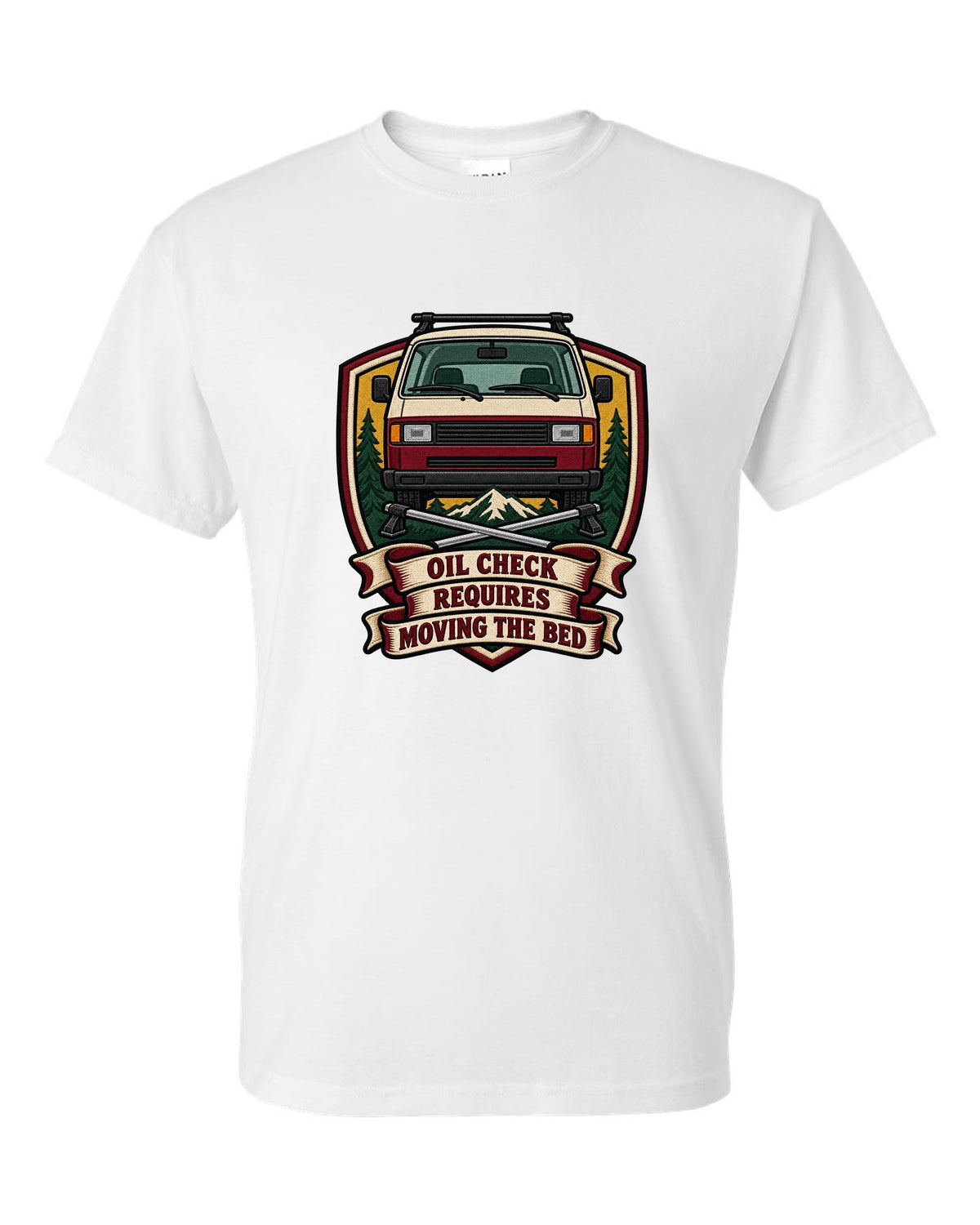 Varsity crest print for a VW T3 Vanagon with oil check requires moving the bed text white t-shirt front view with the design
