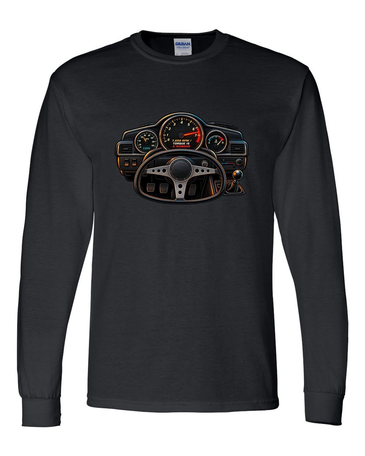Linocut woodcut-style Toyota Corolla Levin AE86 with garage Saturday slogan black long sleeve front view with the design
