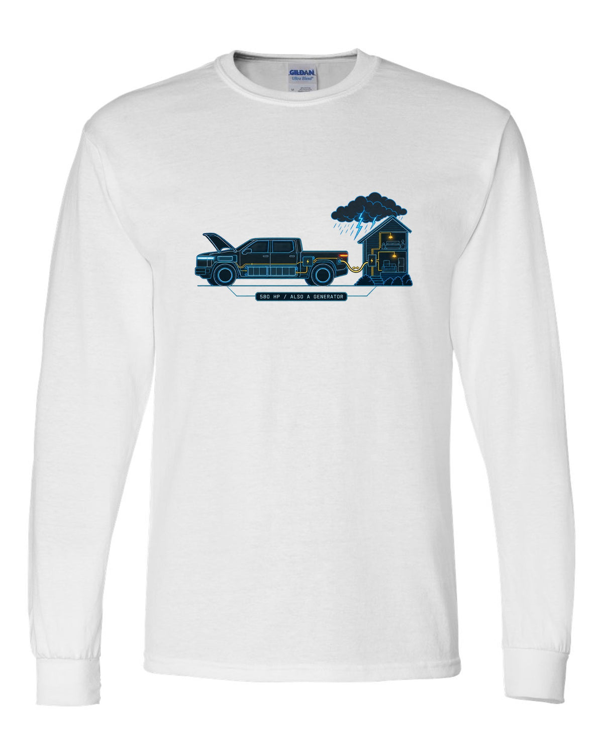 Ford F-150 Lightning electrical schematic diagram print with 580 HP and generator text white long sleeve front view with the design