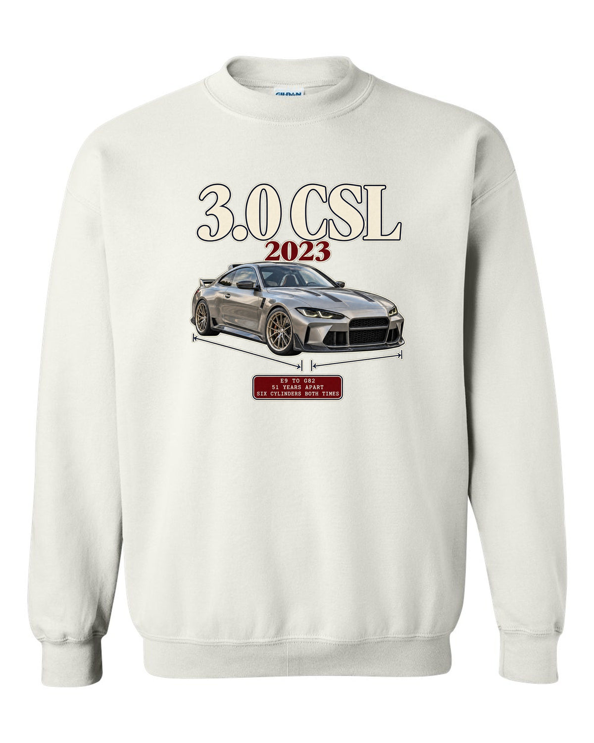 BMW 3.0 CSL E9 to G82 archive panel print white crewneck front view with the design