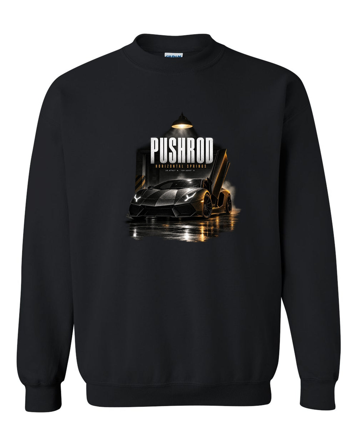 Garage night print of a Lamborghini Aventador S LP740-4 with Pushrod and Horizontal Springs text black crewneck front view with the design