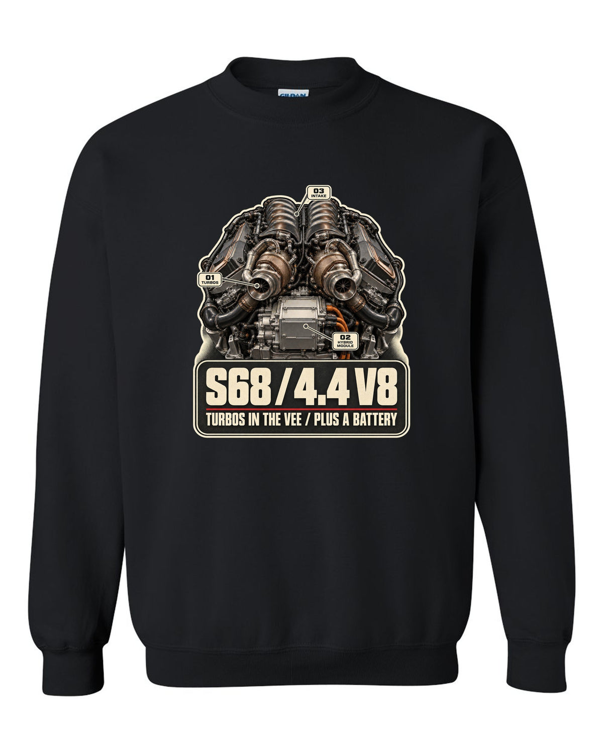Engine hero print of the S68 4.4 V8 in the BMW XM G09 black crewneck front view with the design