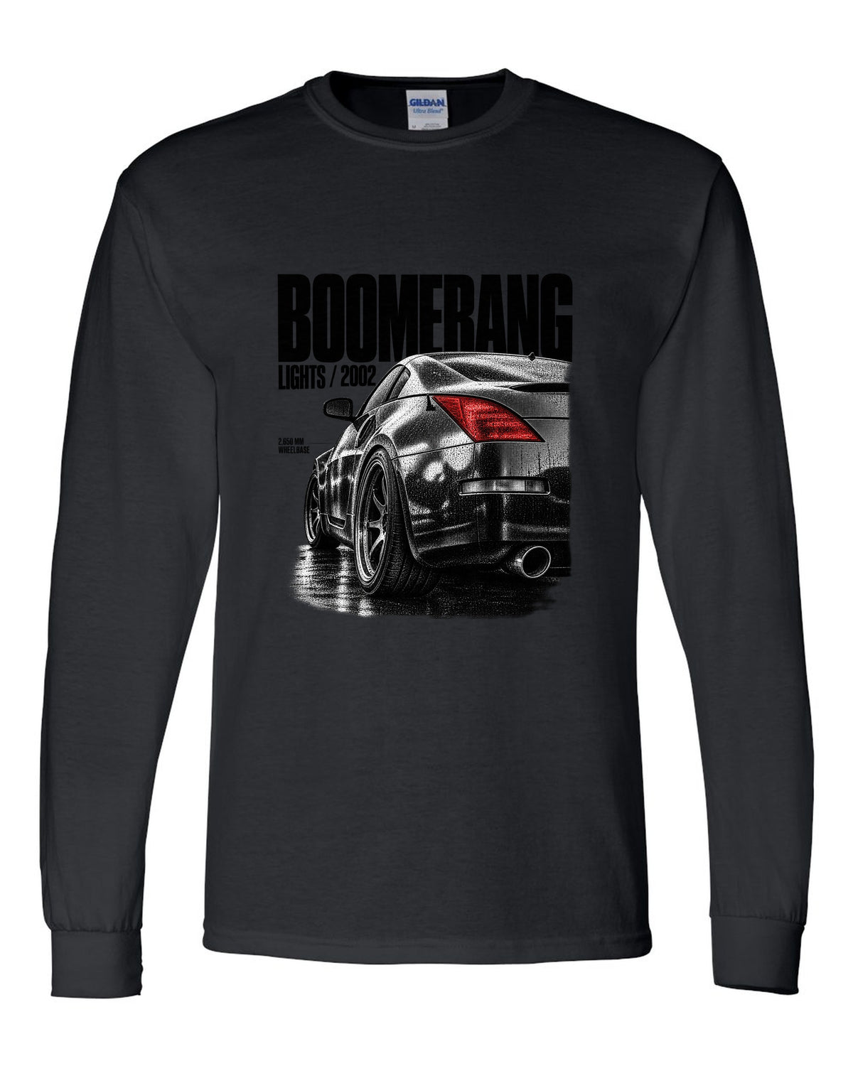 Macro print of Nissan 350Z Z33 boomerang taillights with 2,650 mm wheelbase text black long sleeve front view with the design