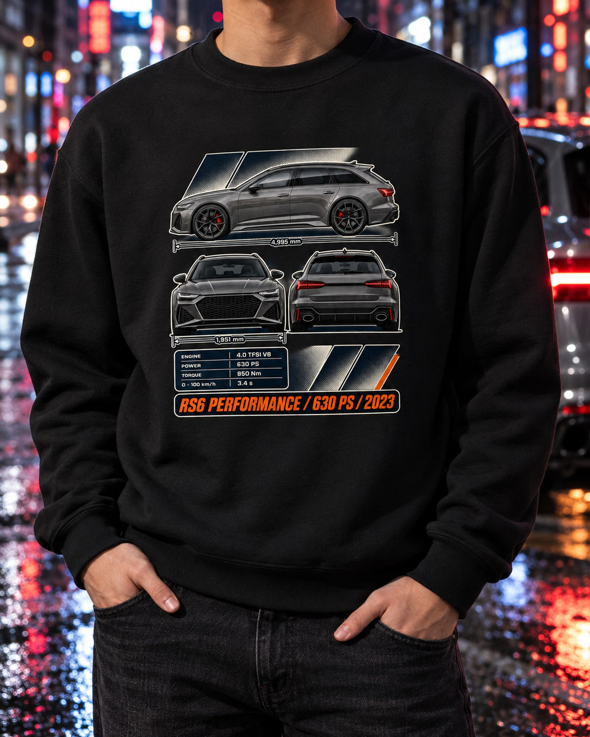 Audi RS6 Avant Performance Three-View Spec Tee, 630 PS Crewneck Black worn hero