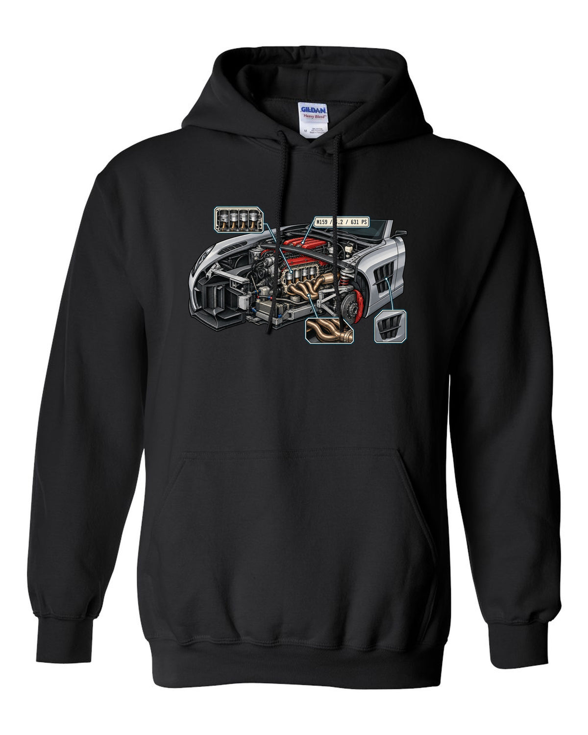 Technical blueprint line art of a Mercedes G-Class W463 with 2,850 mm note, print black pull over hoodie front view with the design