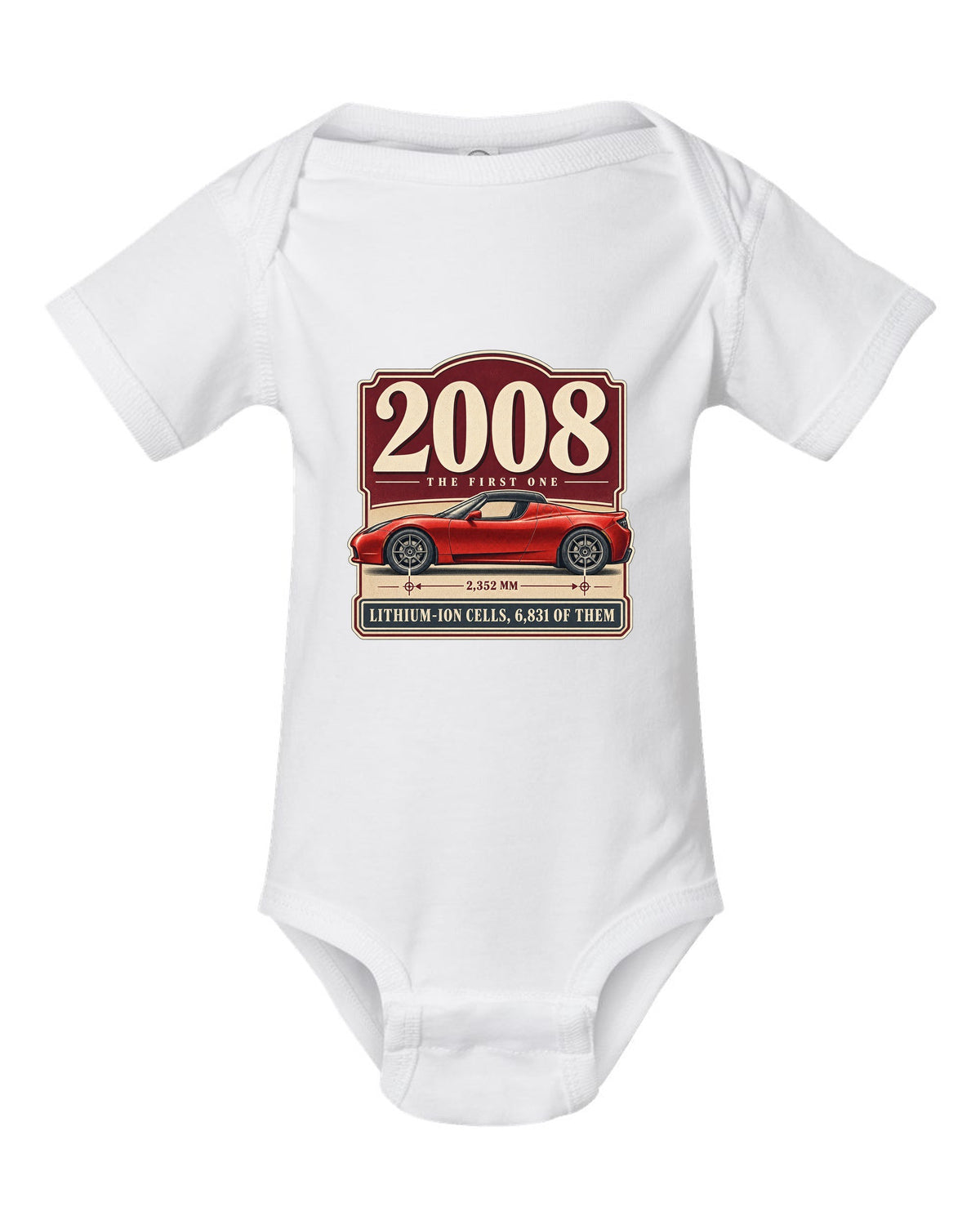 Tesla Roadster 2008 Archive Panel white baby onesie front view with the design