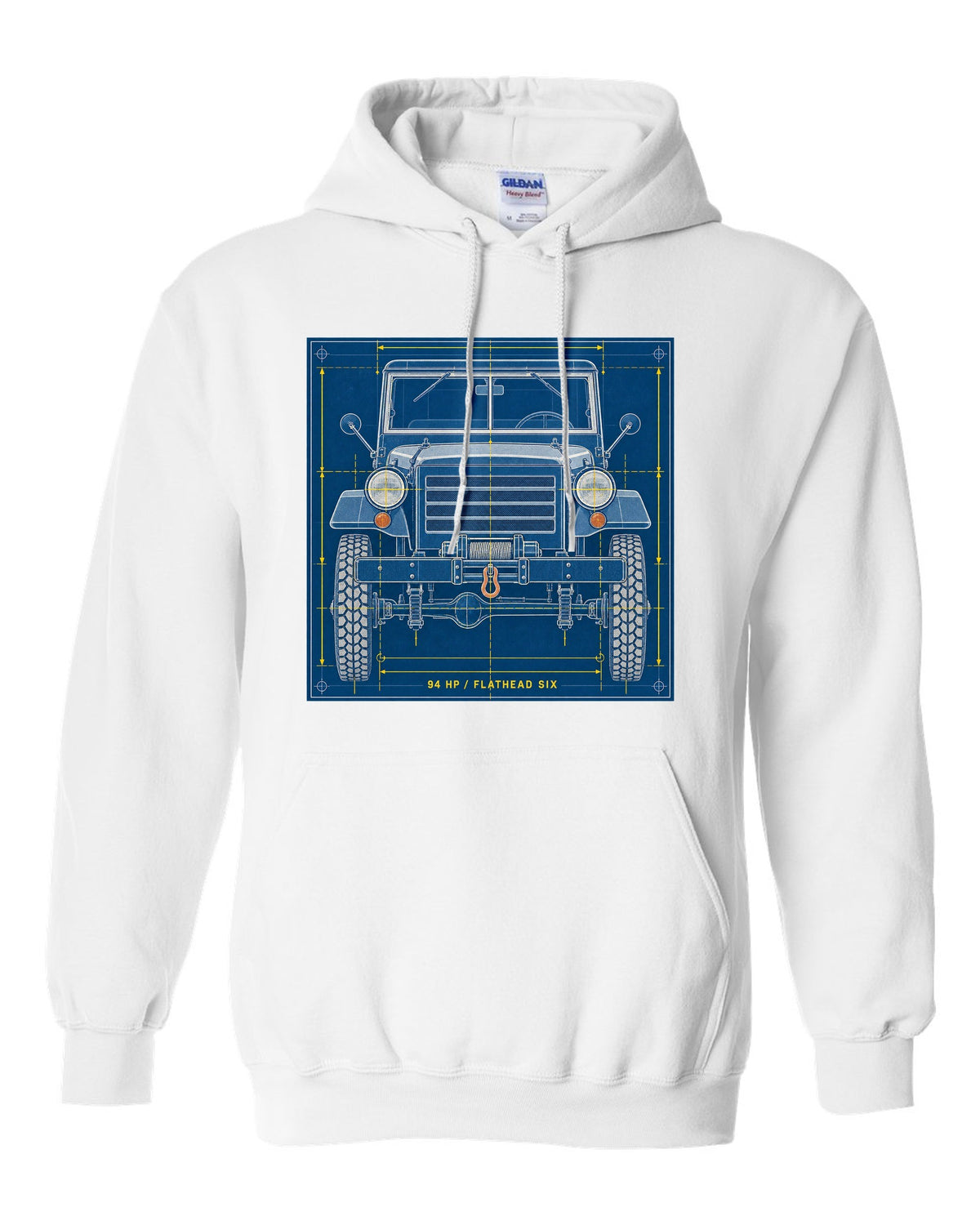 Cyanotype negative-style print of a Dodge Power Wagon WM300 grille with 94 HP flathead six text white pull over hoodie front view with the design