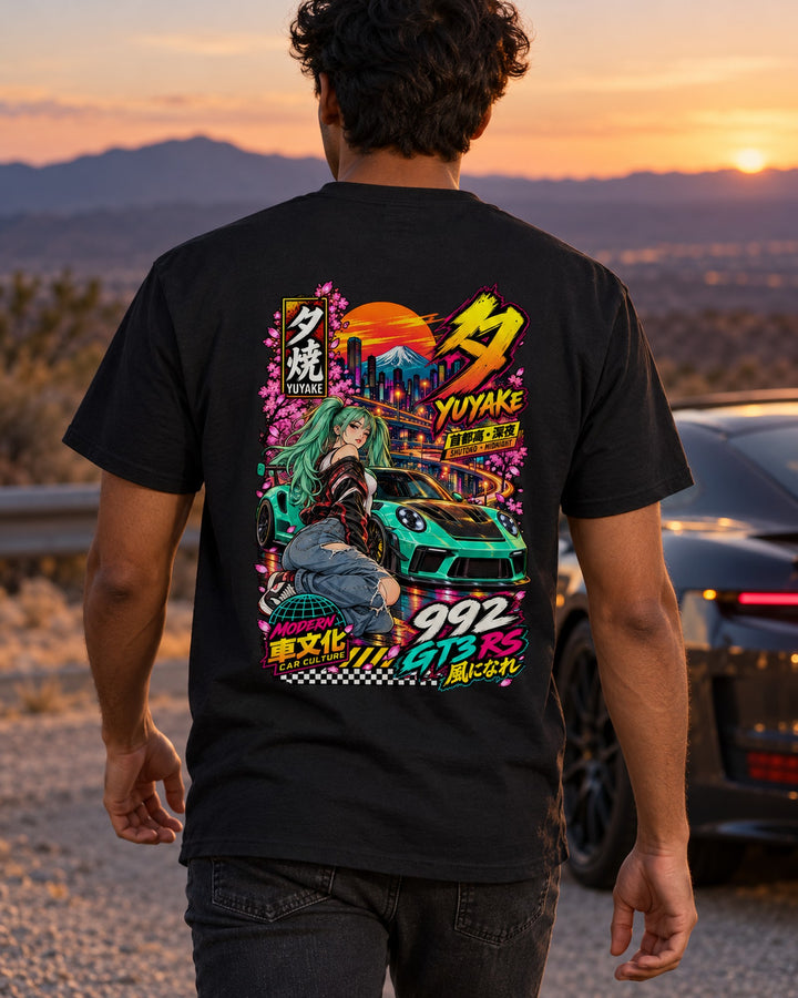 YUYAKE 992 GT3 RS Anime Girl Full-Back Graphic Tee T-Shirt Black worn hero
