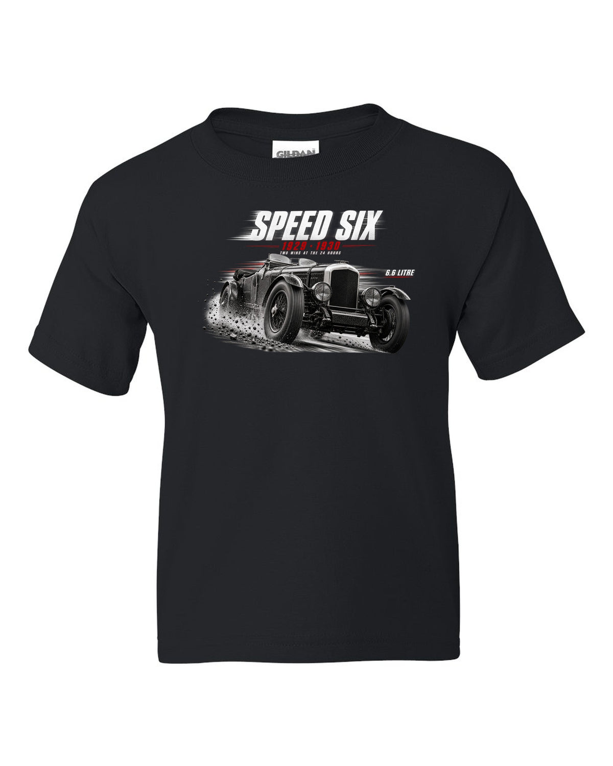 Bentley Speed Six Le Mans race poster 1929 and 1930 black kids tee front view with the design