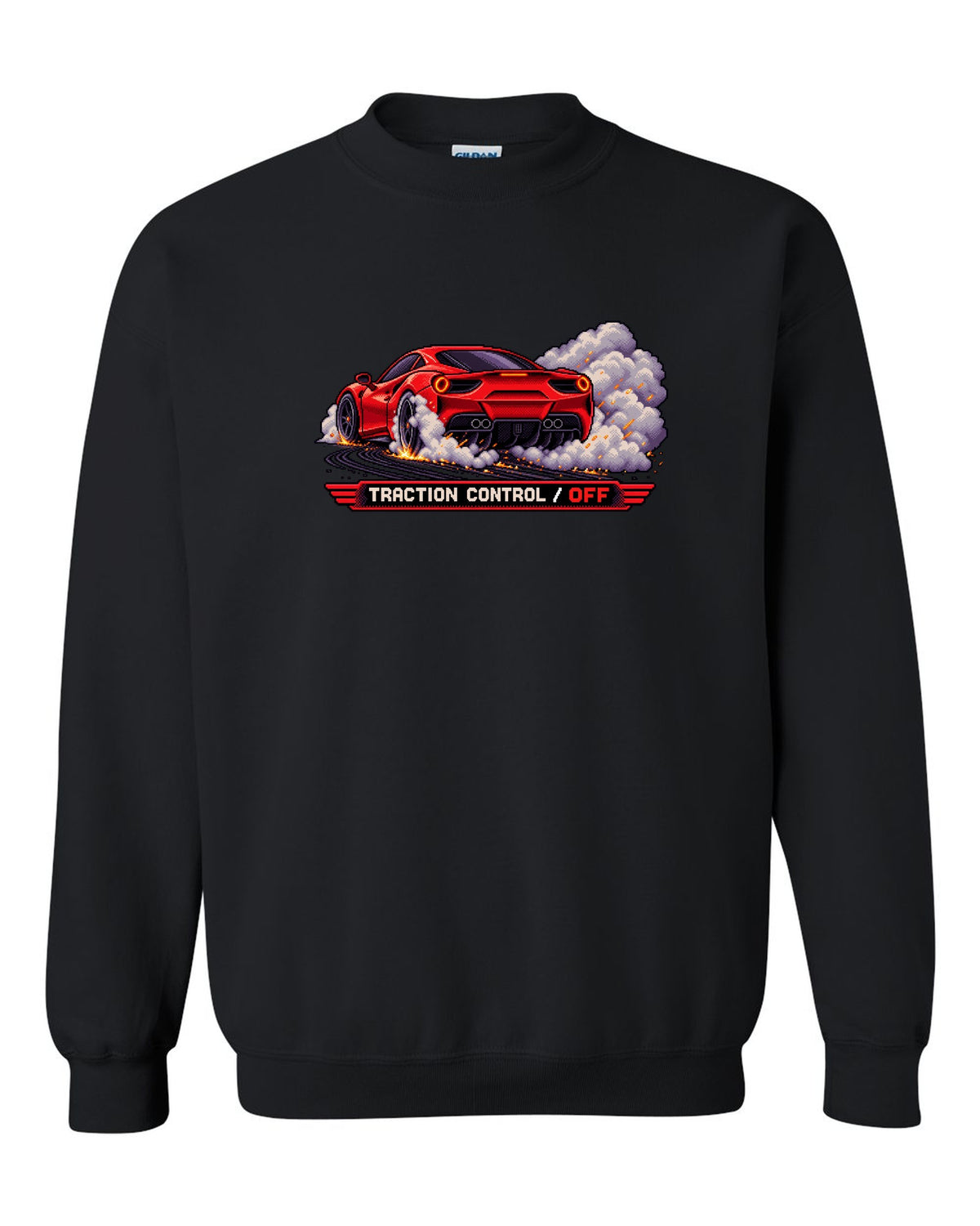 Pixel art Ferrari 488 GTB burnout with traction control off text black crewneck front view with the design