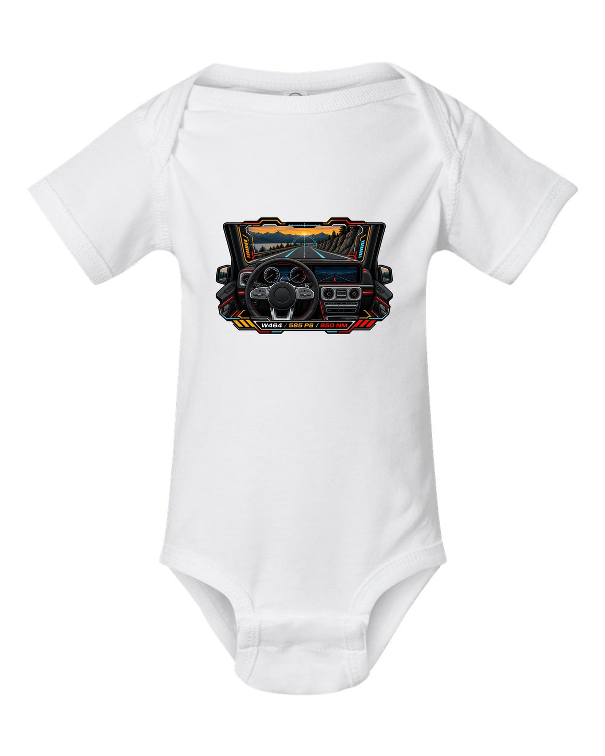 Gauge-cluster HUD graphic reading W464 585 PS 850 NM for the Mercedes G63, print white baby onesie front view with the design