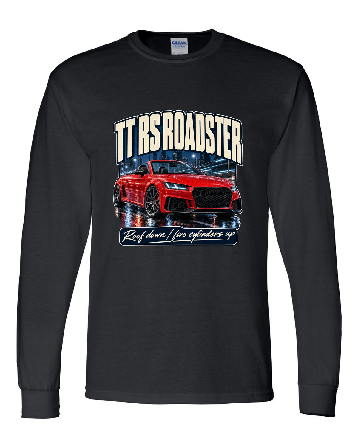Audi TT RS Roadster 8S street poster print, roof down black long sleeve front view with the design