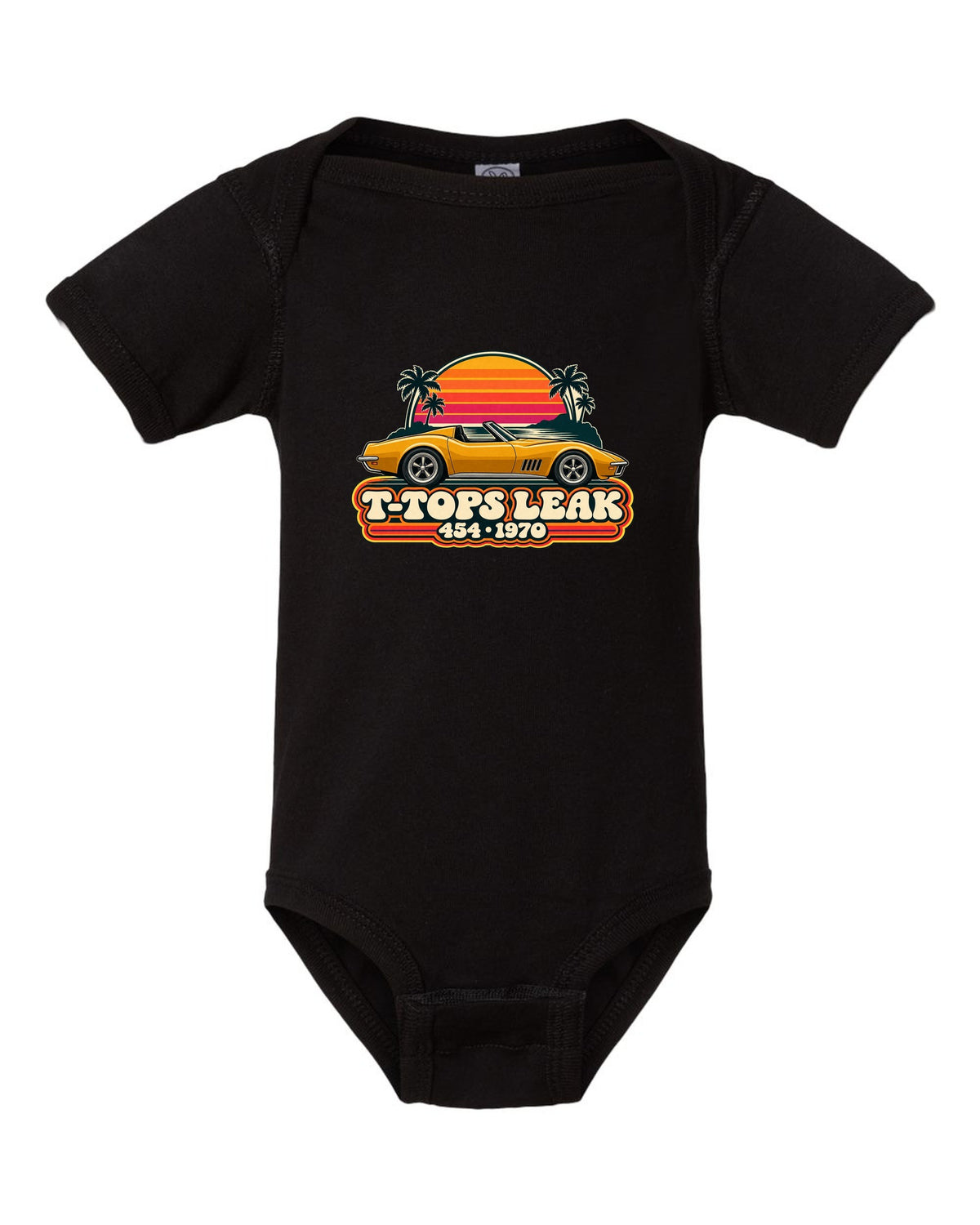 Vintage 70s sunset stripe print of a 1970 Corvette C3 Stingray reading T-Tops Leak 454 black baby onesie front view with the design